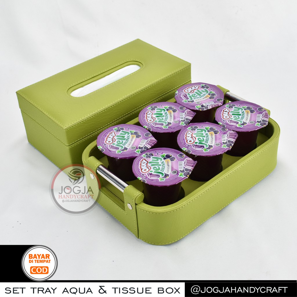 Paket Hemat 1 Set Kotak Tissue + Tatakan / Baki / Tray Aqua Mineral Gelas Isi 6 Jogja Handycraft