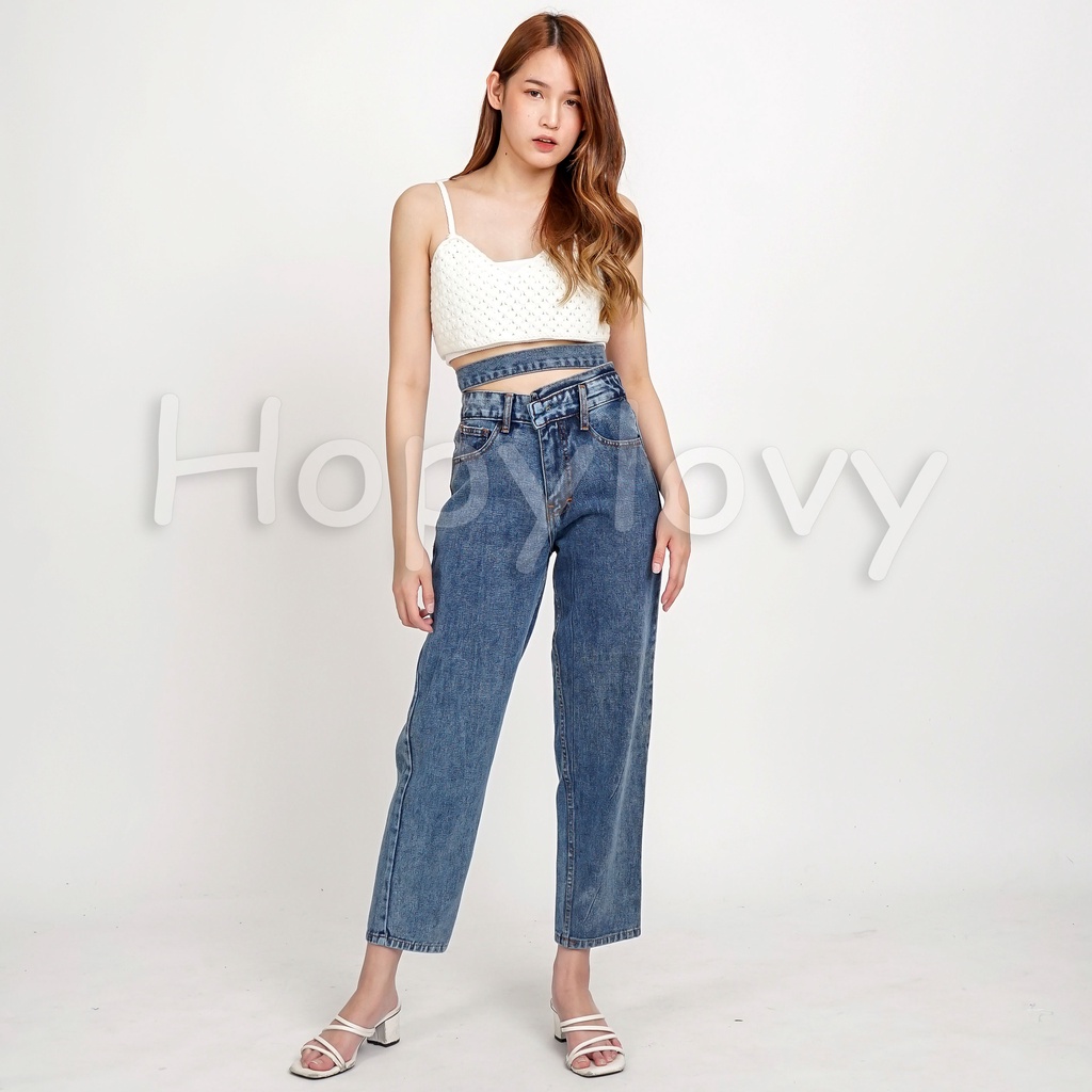 HOPYLOVY Celana Boyfriend Loose Jeans Wanita Pinggang Tali Double BF Highwaist Aneta