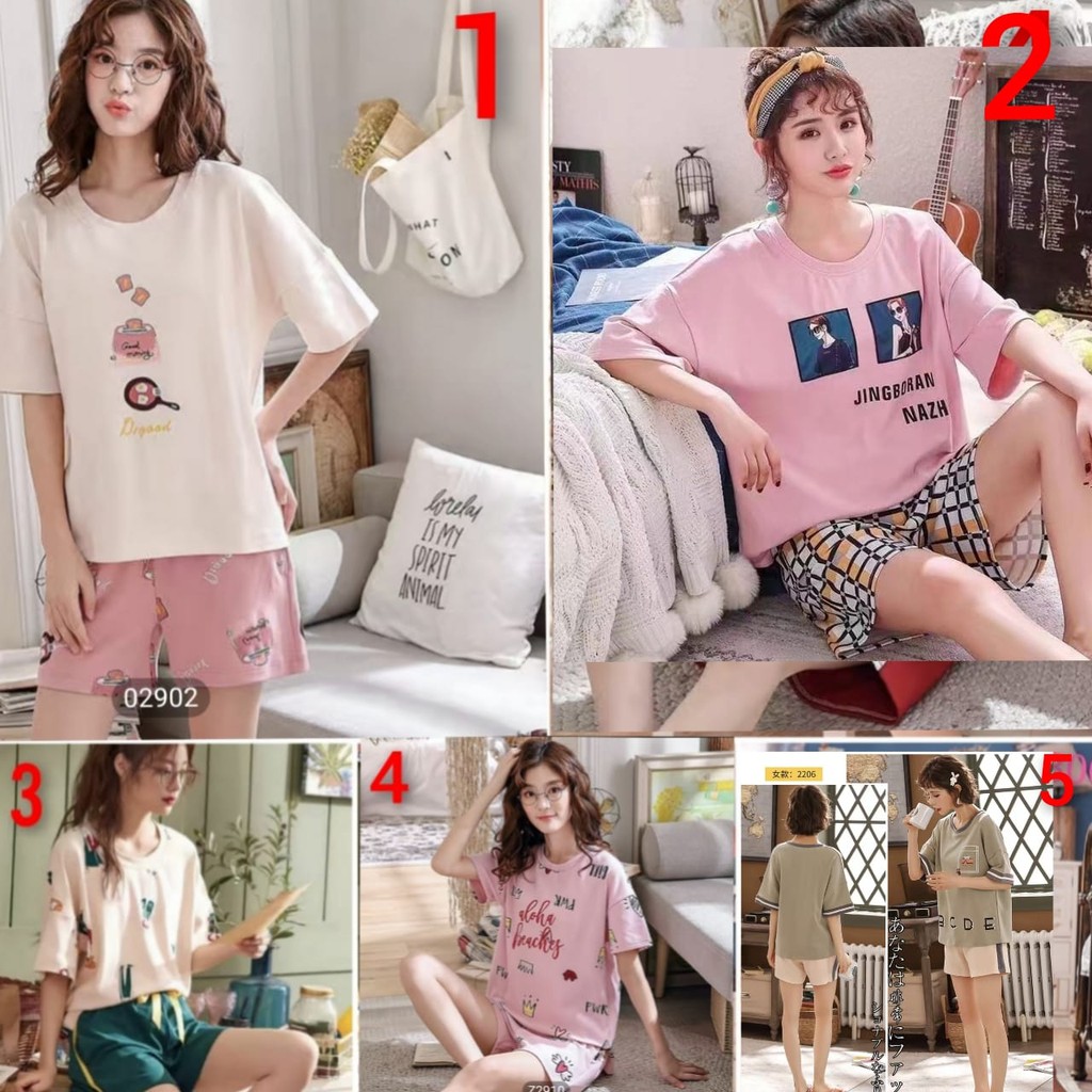 BAJU TIDUR PIYAMA PEREMPUAN KAOS LENGAN PENDEK SETELAN CELANA PENDEK KATUN IMPORT BERKUALITAS SIZE M-2XL FIT TO 70KG MOTIF TERBARU