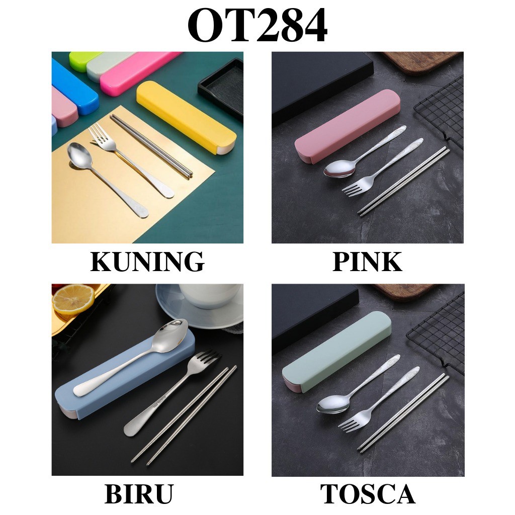 Sendok Set kotak plastik Stainless Alat Makan spoon garpu sumpit travel Sendok set travel sendok