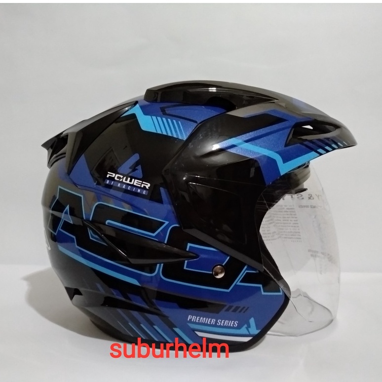 HELM  ASCA PREMIER  POWER   BLACK  BLUE   HALF FACE  DOBULE VISOR MANUAL   SNI  DEWASA