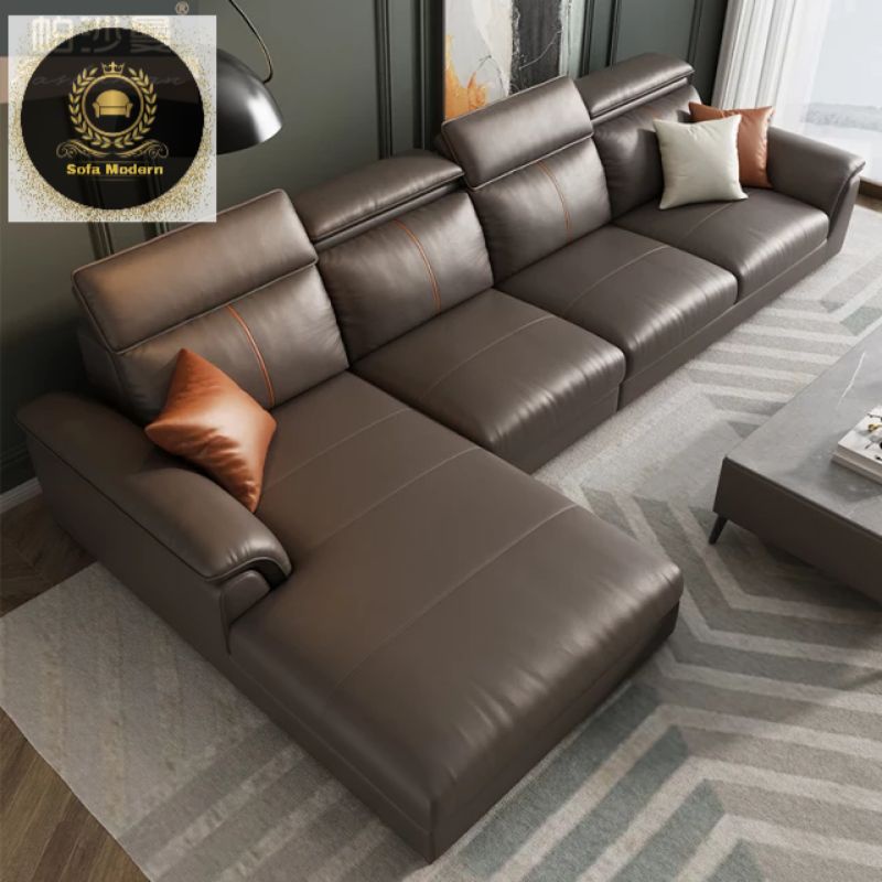 Sofa Kulit Letter L Coklat Minimalis Ruang Tamu Gaya Eropa Kualitas Premium Super Kuat Mewah Elegant