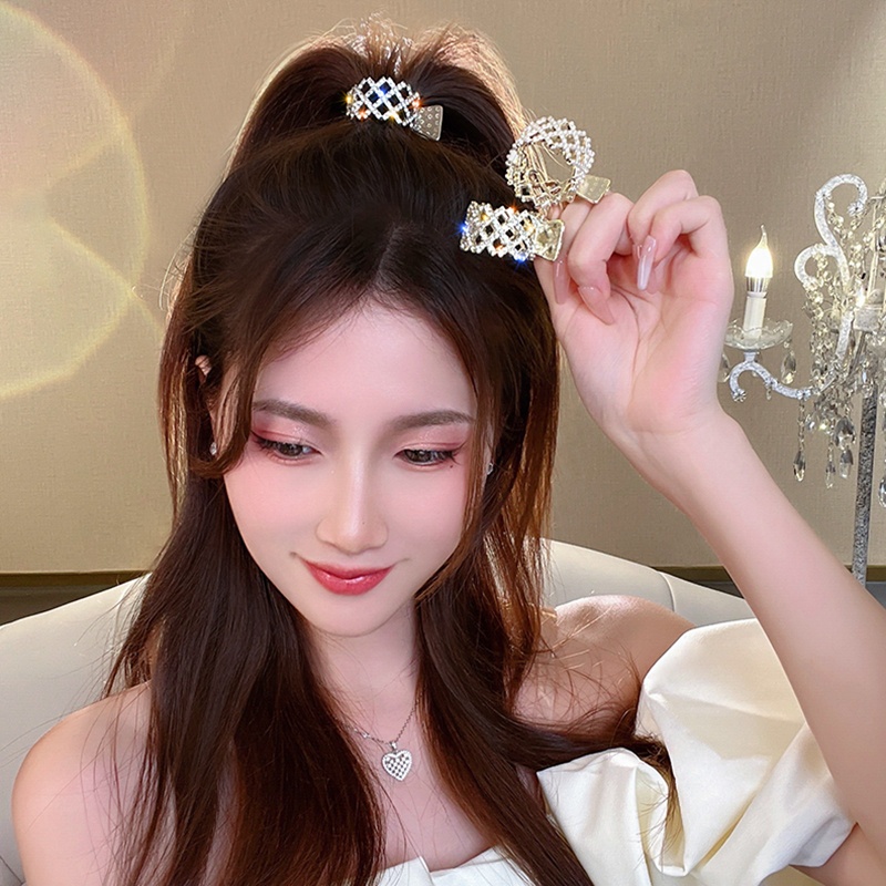 Jepit Rambut Ponytail Bahan Metal Aksen Mutiara Dan Berlian Imitasi Gaya Korea Untuk Wanita