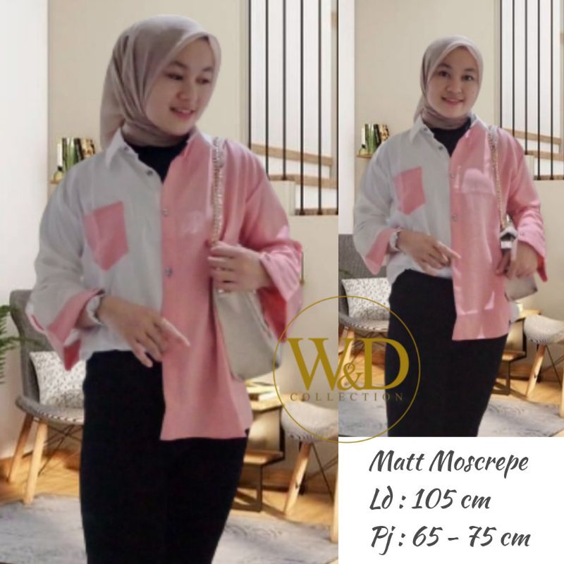 Kemeja Wanita Polos Casual Blouse Basic Kombinasi Warna Lengan Panjang Kekinian  Moscrepe-Peach kombi 84