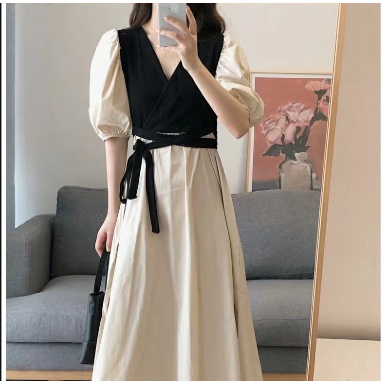 #Sisjuly# Wanita kasual ringan dan akrab gaya Hong Kong retro lengan pendek desain rok besar gaun Pr