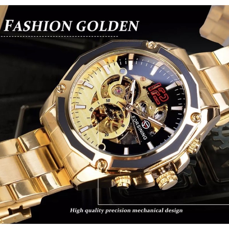 Jam Tangan Pria Original Forsining Automatic Mechanical Golden Luxury Sporty Gold