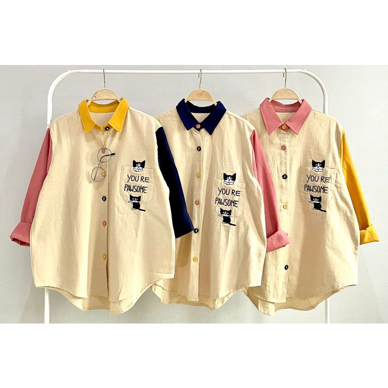 Atasan Kemeja Wanita Katun Linen Import Bordir Cat Lubana