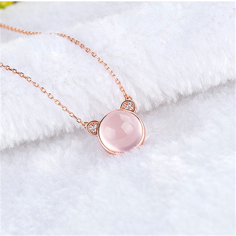 [Ready Stock]Fashion Inlaid Pink Crystal Bear Pendant Rose Gold Plated Necklace