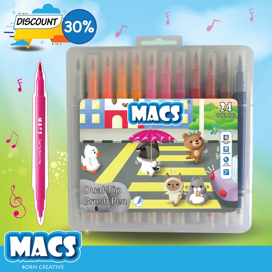 Spidol MACS Dual Tip Brush Pen Marker Color 24 Warna