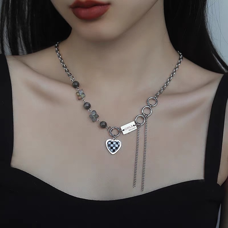 Kalung Motif Kotak-Kotak Hitam Putih Gaya Korea Hip-hop Untuk Unisex