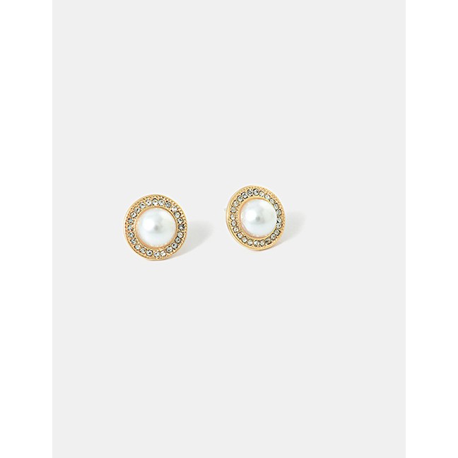 LRC Anting Tusuk Fashion Golden Pearl And Diamond Round Bright Gold Earrings D84662