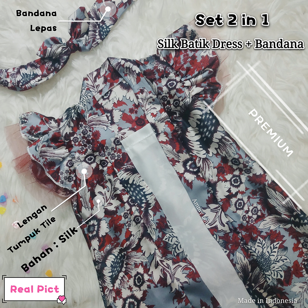 Amimommy Setelan 2 in 1 Dress Batik dan Bandana Premium Untuk Bayi Balita Perempuan