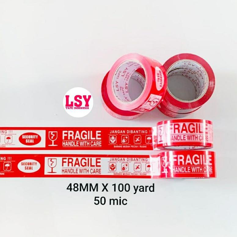 

((BISA COD)) lakban fragile merah putih 2 in1 100 yard LSY TAPE INDONESIA