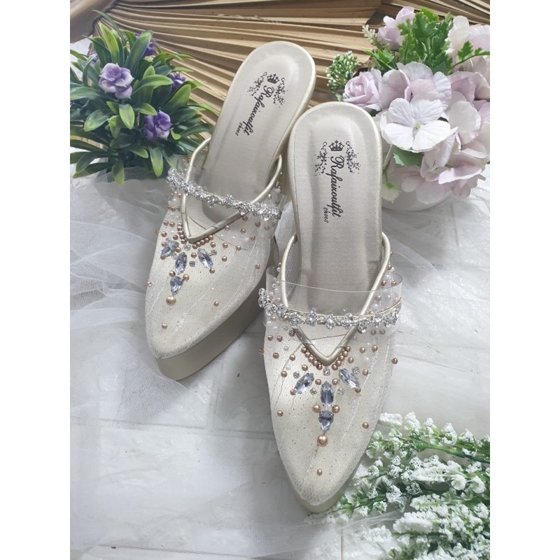 sepatu cantik gold tali asesoris tengah 12cm tahu