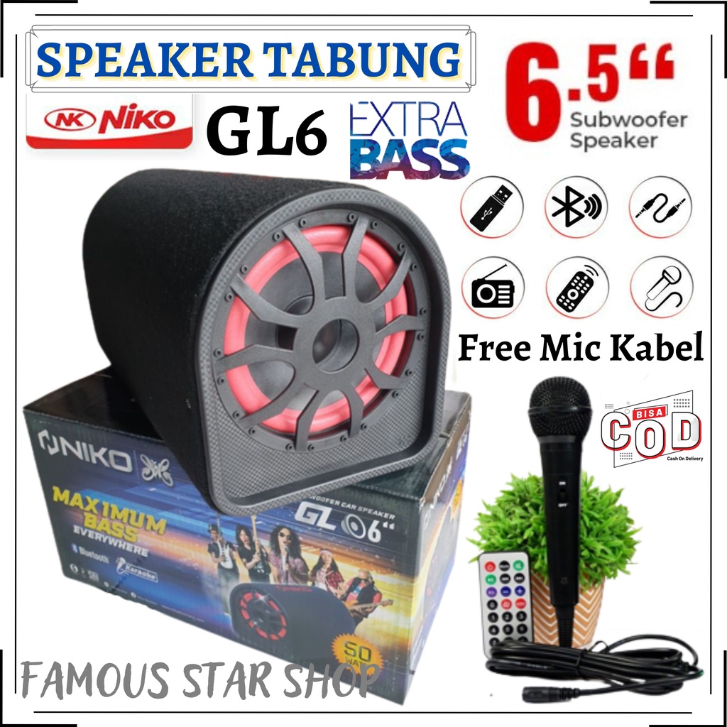 Niko Gl6 FREE MIC Subwoofer Car Speaker 6 Inch 50 Watt | Speaker Tabung 6 inch Subwoofer Car speaker AC/DC | Speaker Aktif NIKO NK-GL6 | FMS