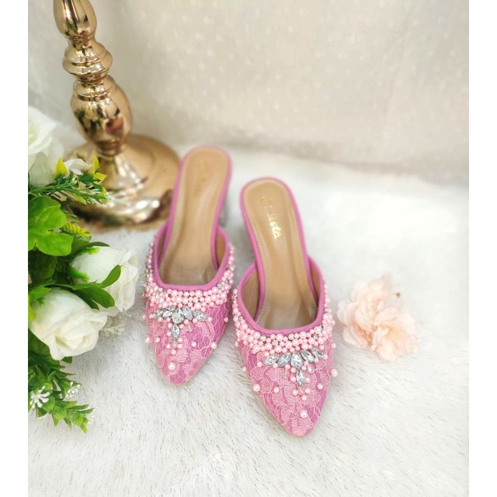 CALISTA Pink Wedding Shoes 5cm Glass Heels|Selop pengantin wanita |Selop wisuda|Selop pengantin mura