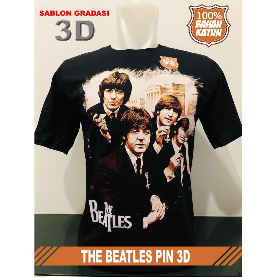 kaos baju distro trendy rock band - THE BEATLES PIN 3D - Hitam, L