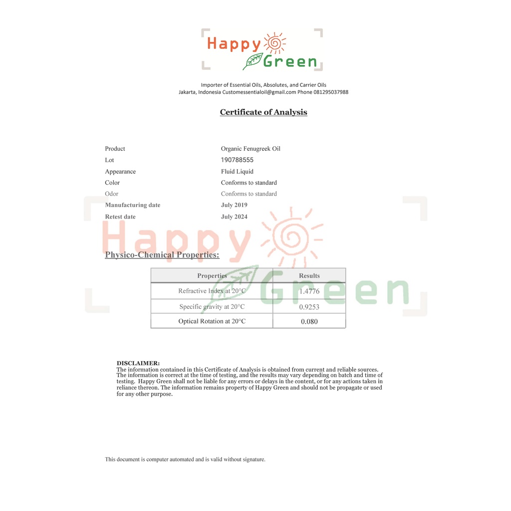 Happy Green ORGANIC Fenugreek Essential Oil - Minyak Fenugreek