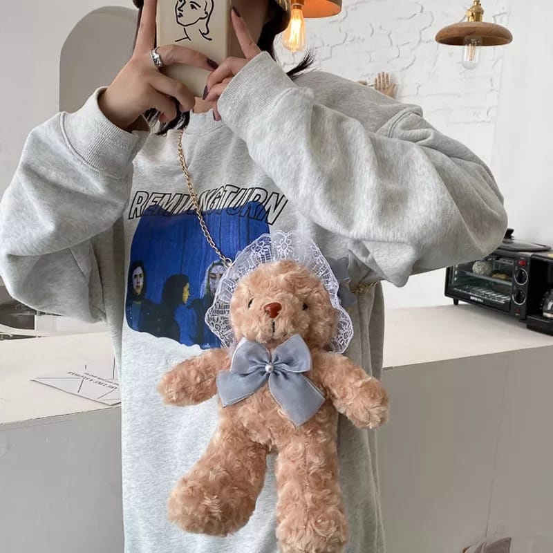 &quot;aurabagss&quot; - Tas Wanita Tas Selempang Beruang Medley Teddy Bear Bulu Lucu Imut Gemoy Selempang Beruang / Tas Bulu Beruang Pita Abu