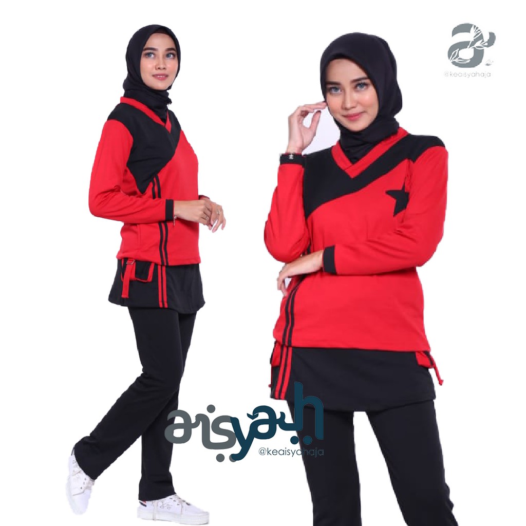 Setelan Baju Olahraga Muslim Syari Merah Hitam Ines Sport Shopee Indonesia