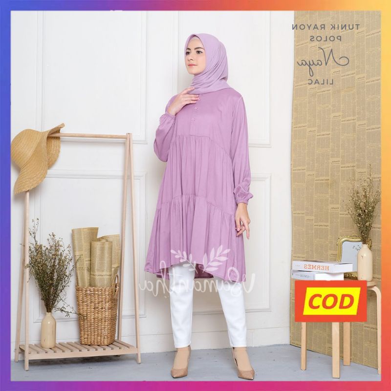 Raszi Official Tunik Muslim Polos Lengan Panjang Motif Rempel Bahan Rayon Premium Warna Lilac