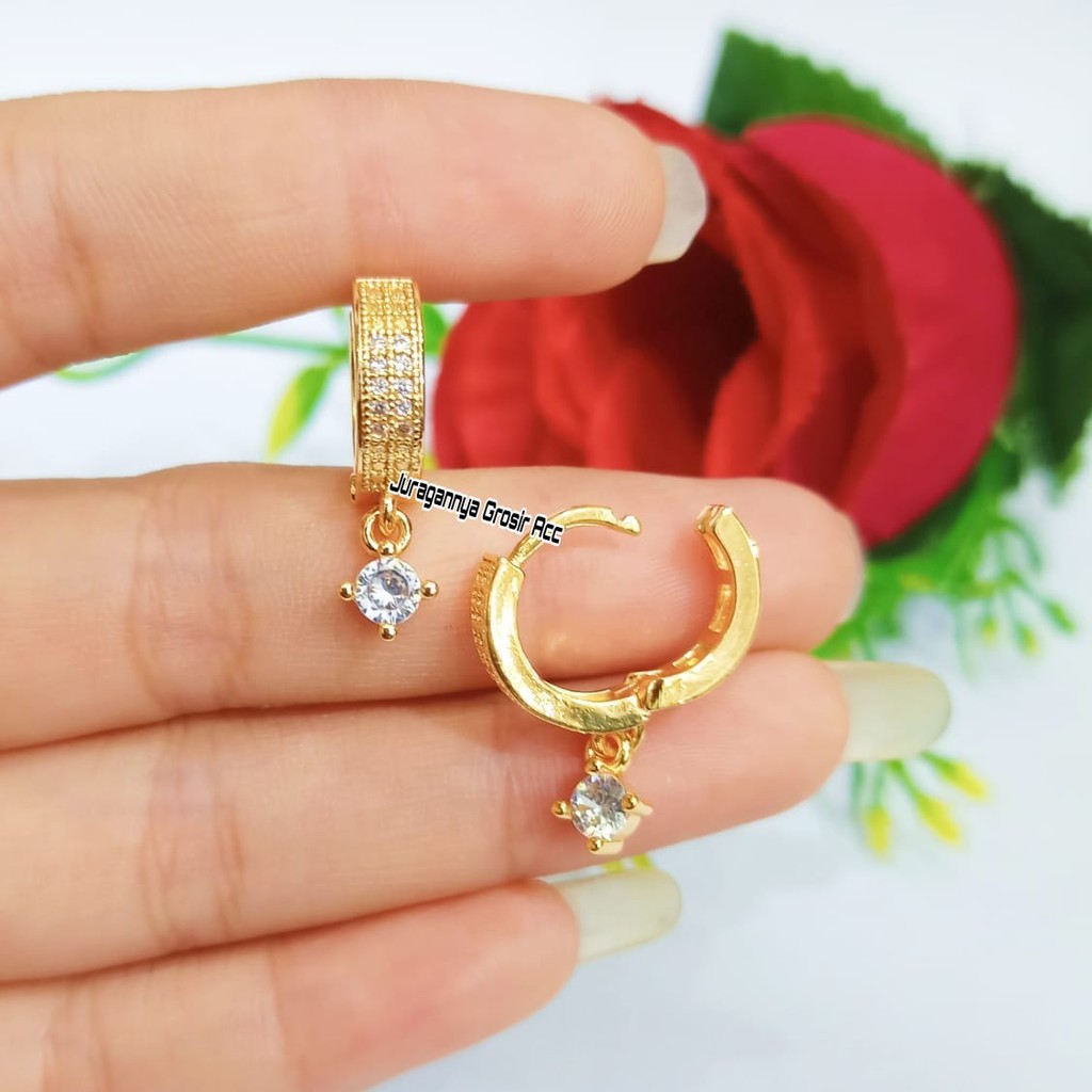 Anting Titanium Jepit/Clip Juray Full Motif Permata Zircon Elegan Anti Karat