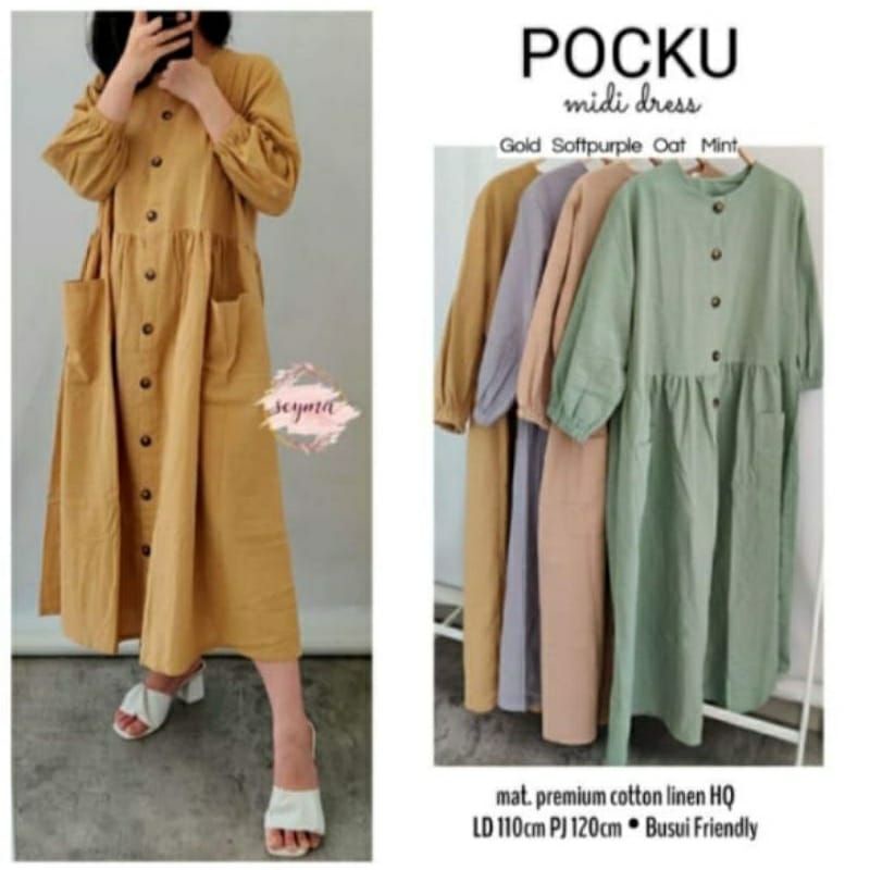 Pocku Midi Dress - Pocku Midi Dress Katun Linen Rami - Pocku Midi Dress Katun Linen Premium