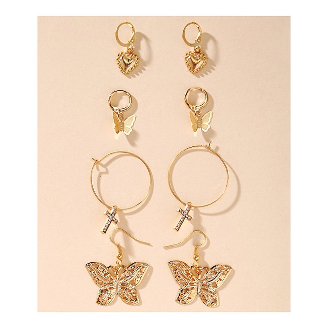 LRC Anting Set Fashion Golden Love Diamond Cross Butterfly Geometric Alloy Earrings Set K70618