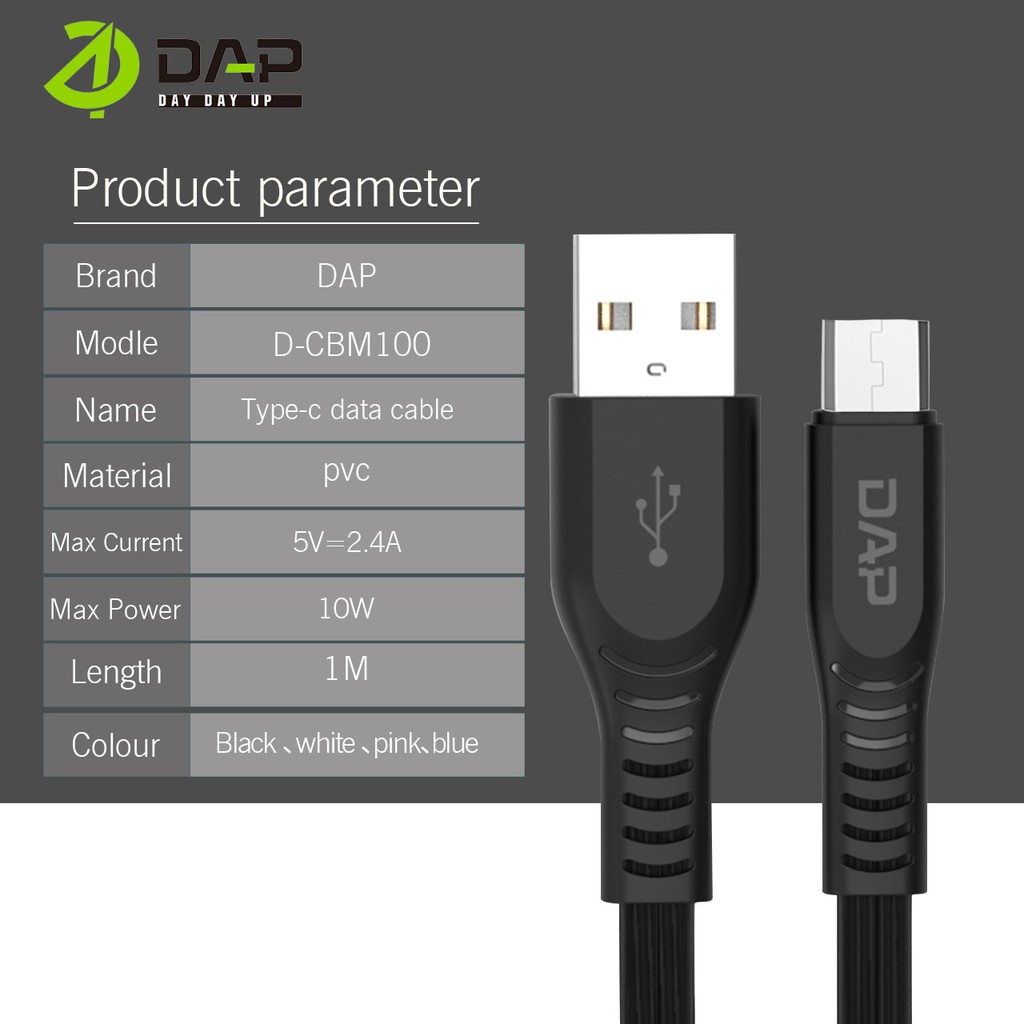 DAP Kabel Data CB Series Micro Type C &amp; Lightning 100cm 2.4A Fast Charging - Garansi 1 Tahun