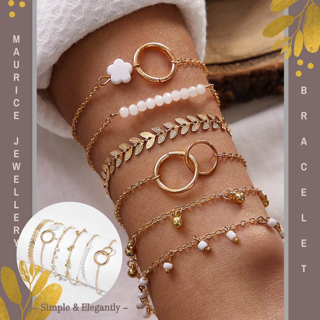 Maurice Jewellery Gelang Wanita Multilayer Model Bohemian Enam Layer Perhiasan Hijab Fashion Wanita Kekinian Selebgram 2022 Korean Style SimpleTemperament Wild Clavicle Chain Bracelet Women