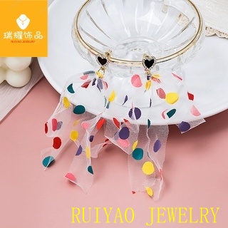 Anting Rumbai Panjang Desain Bunga Bahan Kain Aksen Mutiara Berlian