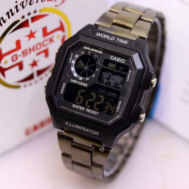 Jam Tangan Pria Fashion Korea Style Casio iluminator AE-1200 Rantai Steel