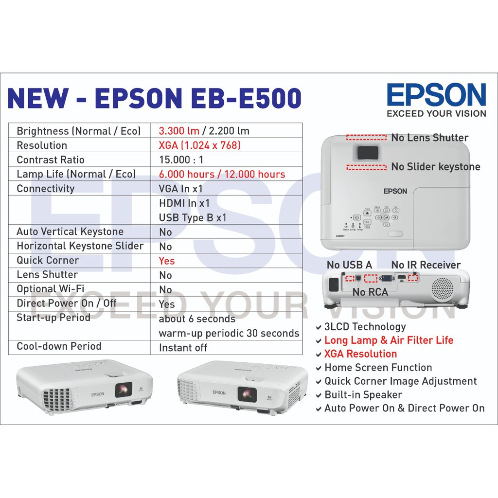 Projektor Epson EB-E500 LED Proyektor XGA Projector 3LCD HDMI PENGGANTI EB-S400