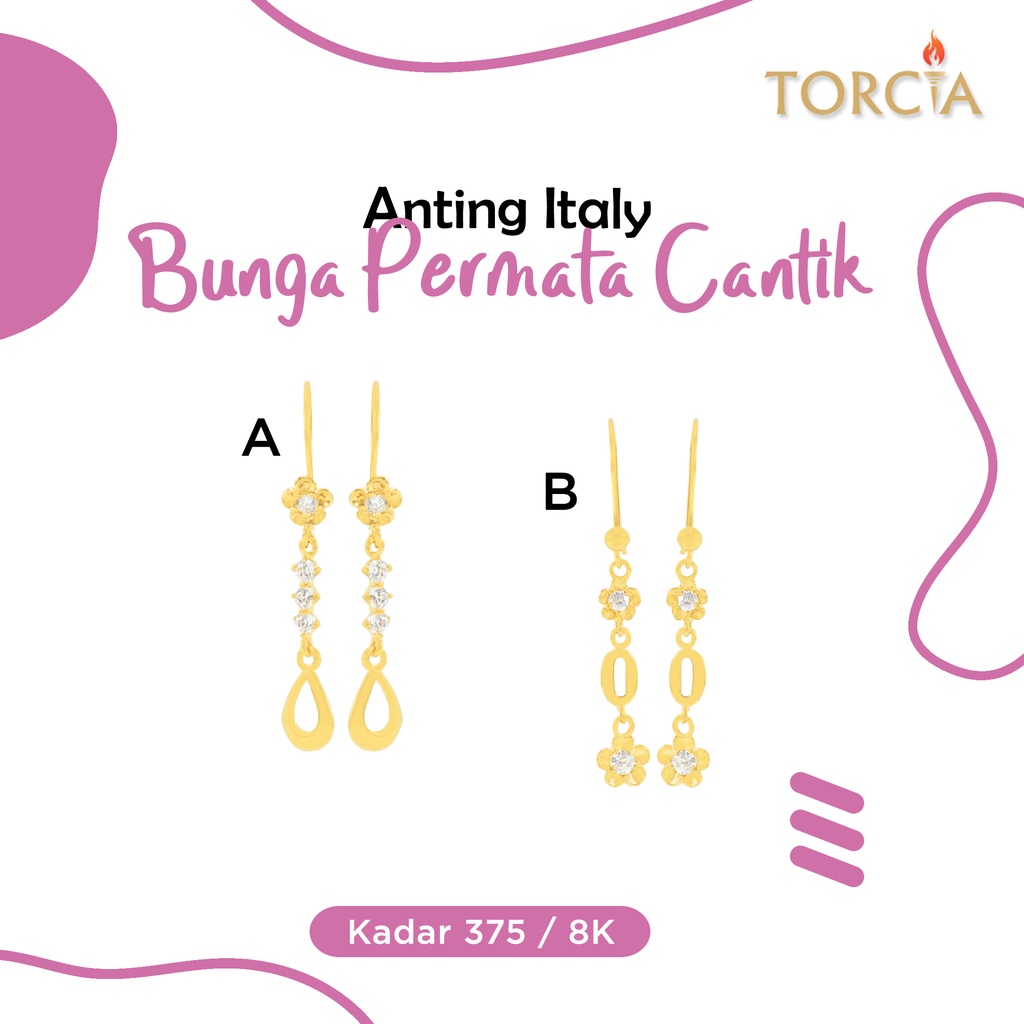 Anting Italy Emas Asli Bunga Permata Cantik Kadar 375 Torcia