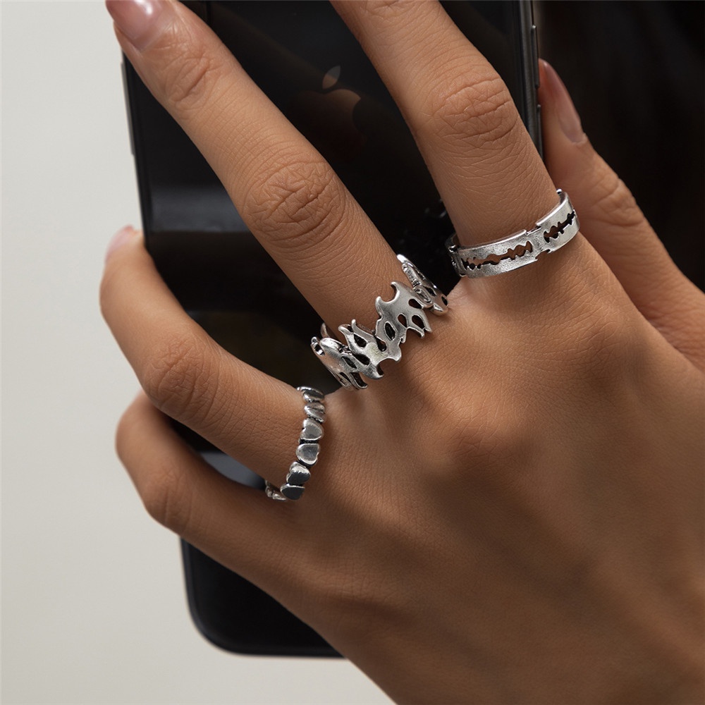 3pcs Cincin Model Terbuka Desain Hati Api Peach Gaya Retro Untuk Pria Dan Wanita