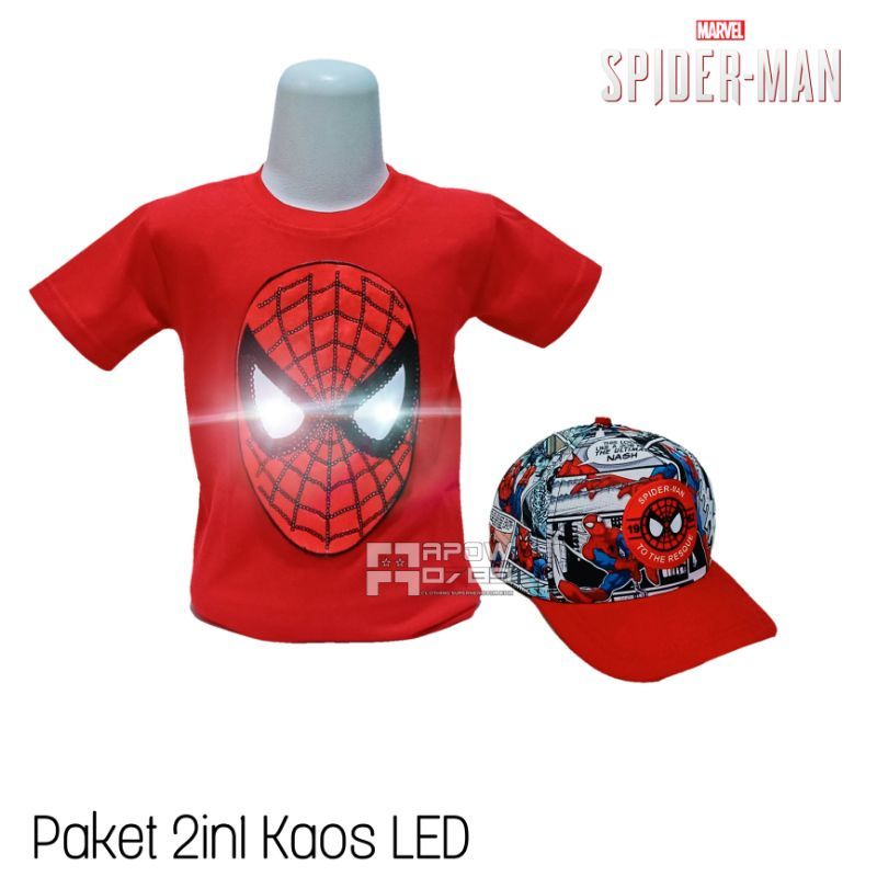 Paket Murah 2in1 Kaos anak Led Spiderman/ Baju anak laki-laki/ Usia 2-10thn/ Bonus topi