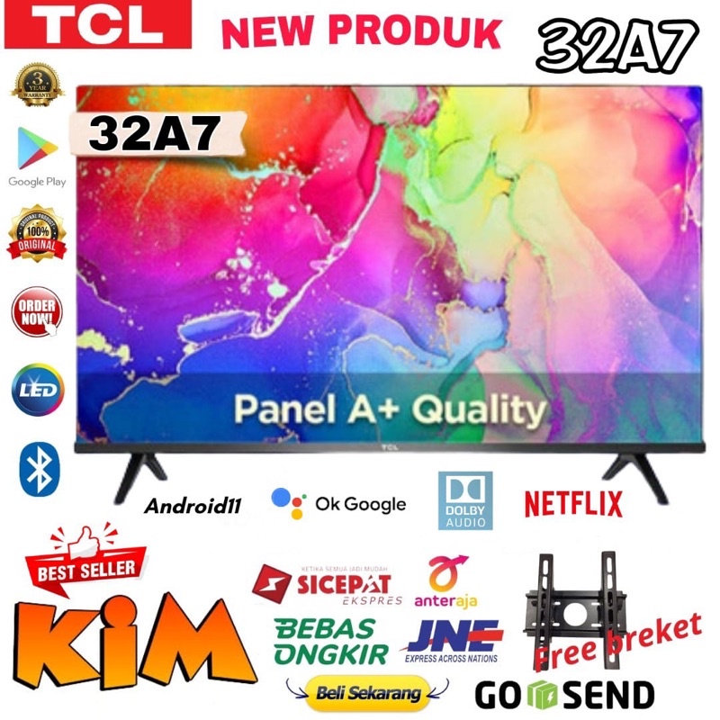 FREE BREKET!!! TCL LED TV 32 inch 32A7 SMART ANDROID 11.0 HDR DOLBY AUDIO - PANEL A+