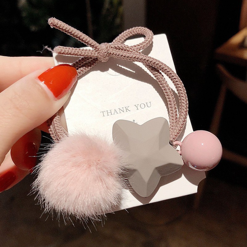 MURMURE.ID | IKAT RAMBUT KOREA SIMPLE MODEL POMPOM BINTANG KARET TALI RAMBUT WANITA HA070 HA071-BINTANG - COKLAT