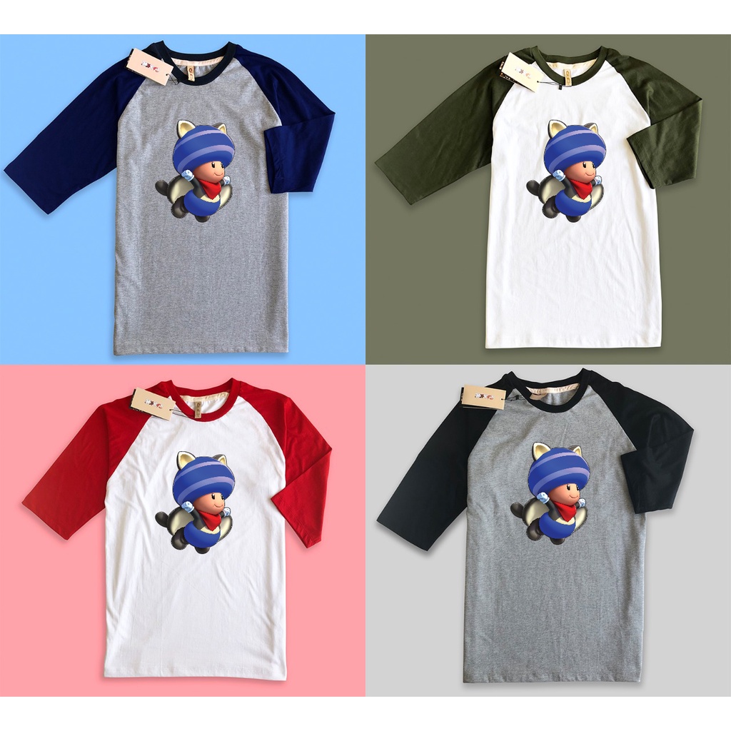 baju kaos raglan premium mario bros toad biru chibi mushroom