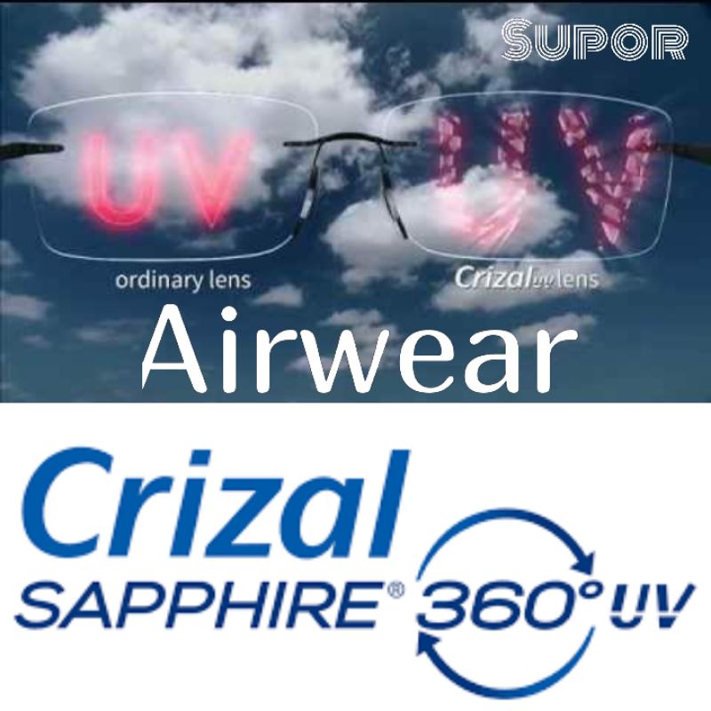 Lensa Essilor Airwear Crizal Sapphire UV Single Vision KHUSUS Kacamata Frameless Bor