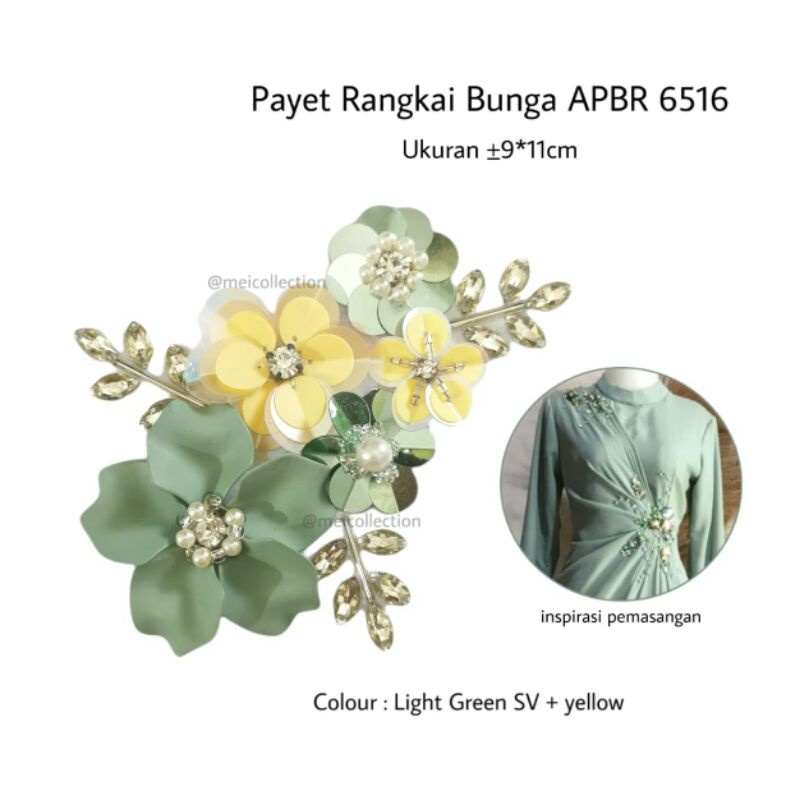 payet bunga 3d rangkai APBR 6516 light green Sv aplikasi dada pinggang