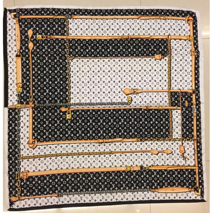 Shawl Silk LV Mirror Quality Branded Scarf Syal Wanita Segi 4 - Hitam Murah