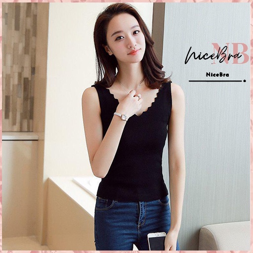 Nicebra Tank Top Wanita Rompi Rajut Tanpa Lengan Model V-Neck Import Gaya Korea 4035