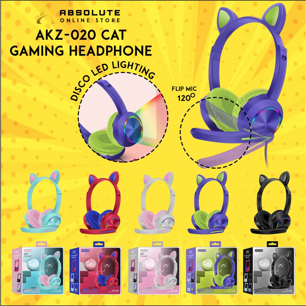 HF HANDSFREE HEADSET HEADPHONE GAMING MUSIC CAT LED AKZ 020 KOMPUTER KHUSUS GROSIR PARTAI MURAH