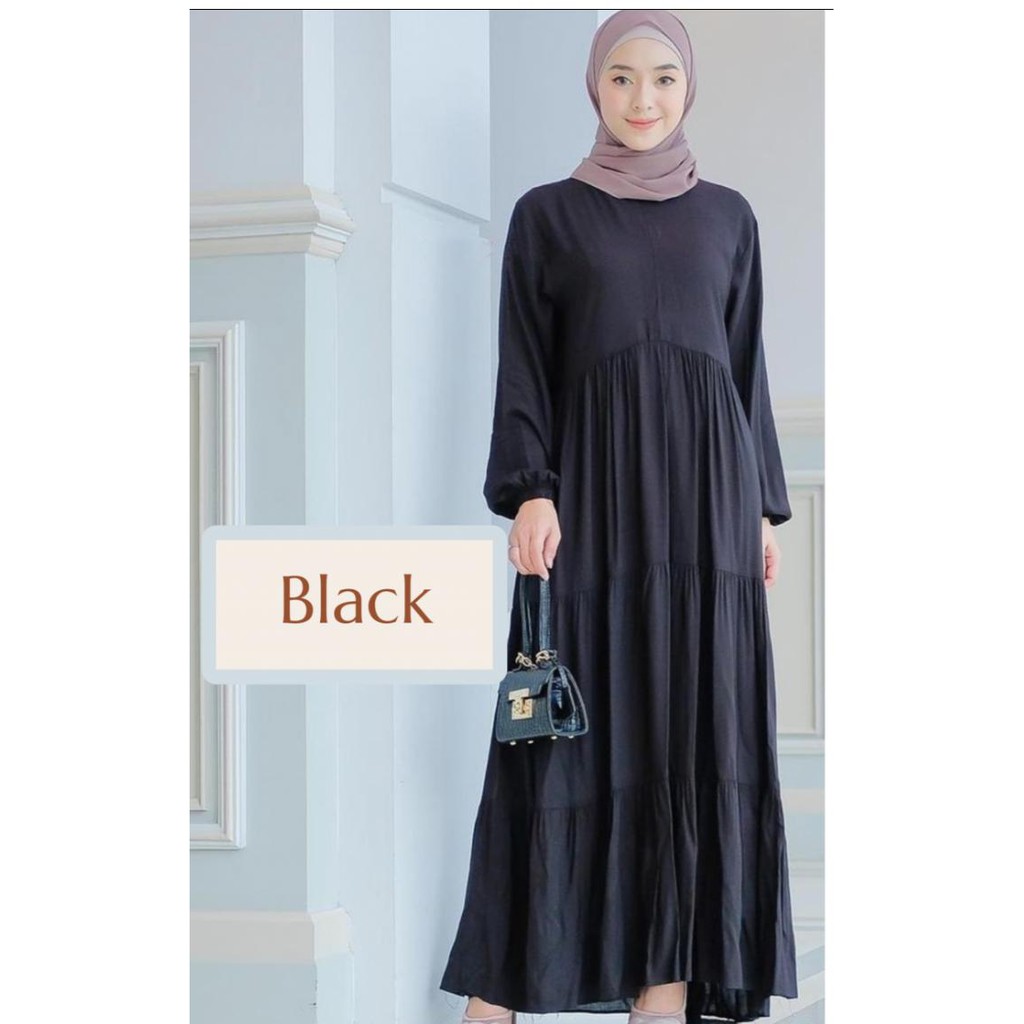Gamis Wanita Remaja Busui Jumbo Kekinian Model Serut Remple Polos Hitam Bahan Rayon Premium
