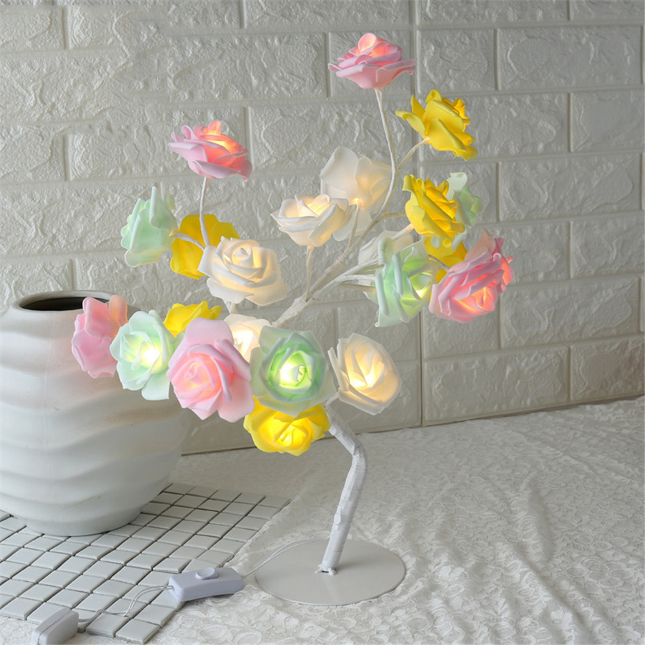 LED Rose Flower Tree Shape Table Lamp/Battery Powered Table Night Light Lights/Wedding Party Bedroom Bedside Desk Decoration Lighting Lamp