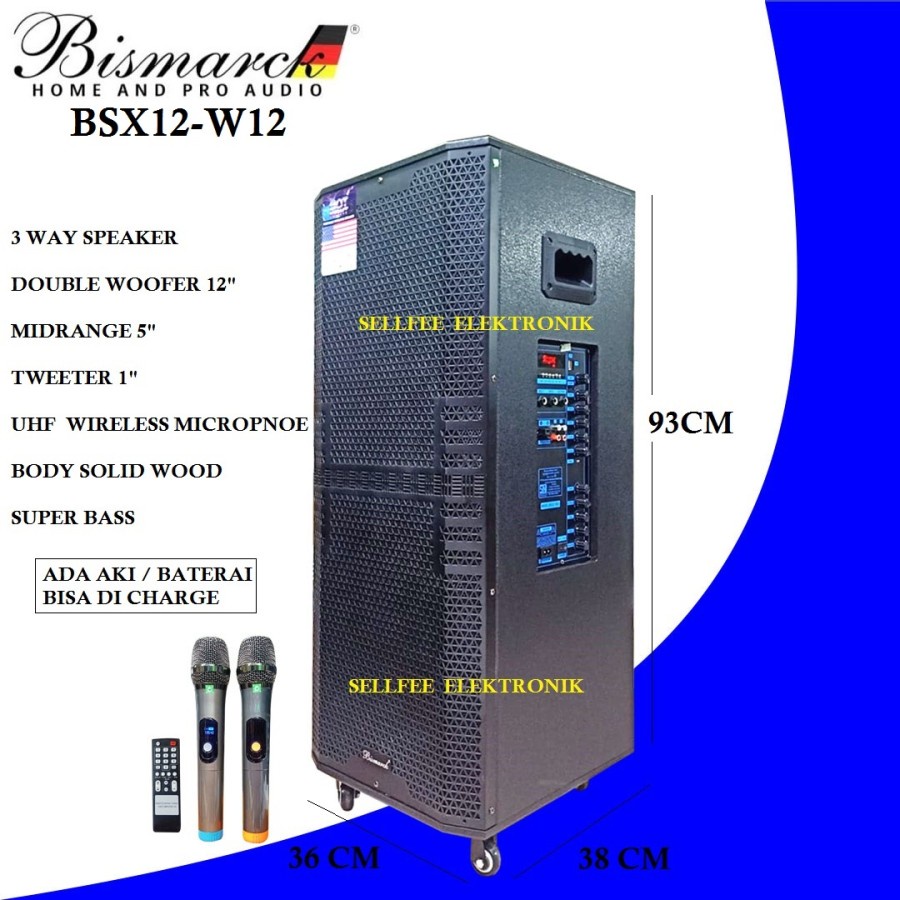 SPEAKER PORTABLE 12 INCH DOUBLE WOOFER BISMARCK BSX12-W12 BLUETOOTH 3 WAY SPEAKER