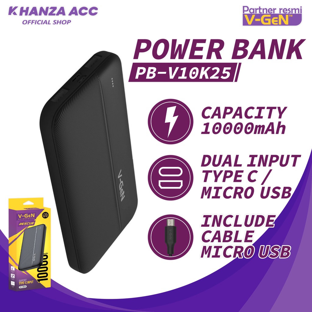 KHANZAACC VGEN V10K25 Powerbank 10000mah Original Dual Input Slim Design