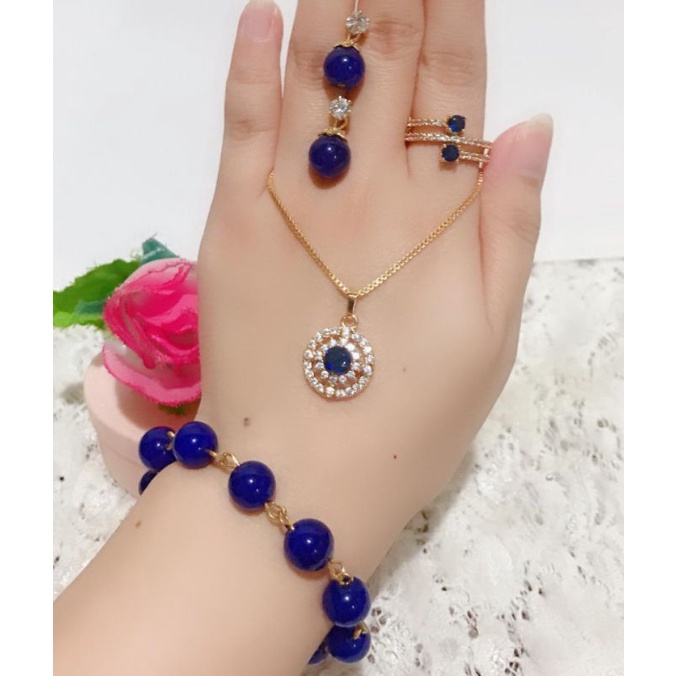 set wanita permata biru gelang giok tercantik