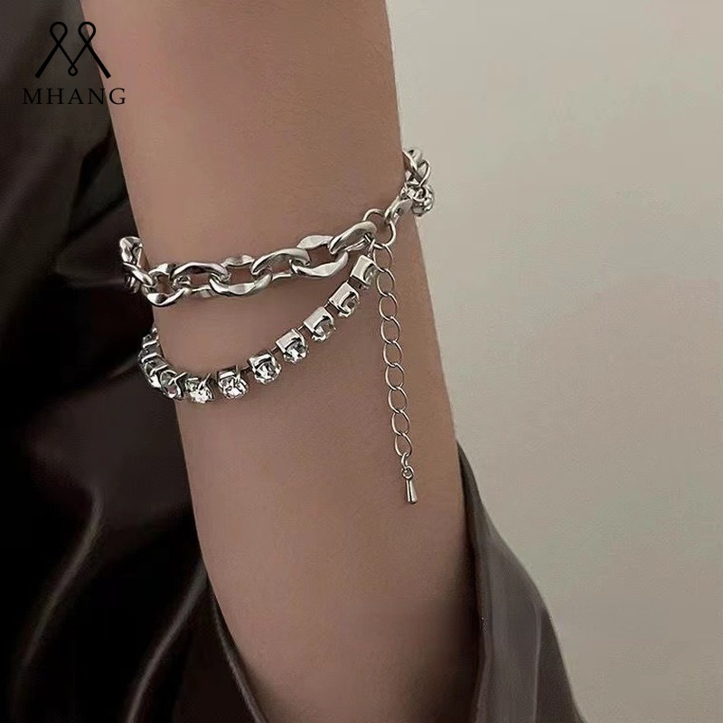 Gelang Susun Gaya Korea Bahan Metal Hias Berlian Imitasi Untuk Wanita